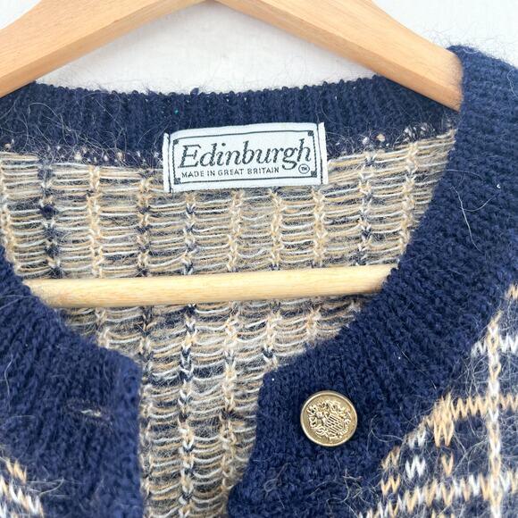 VTG Edinburgh Plaid Cardigan Sweater Medium Mohair Blend Blue Yellow Academia - Picture 5 of 7